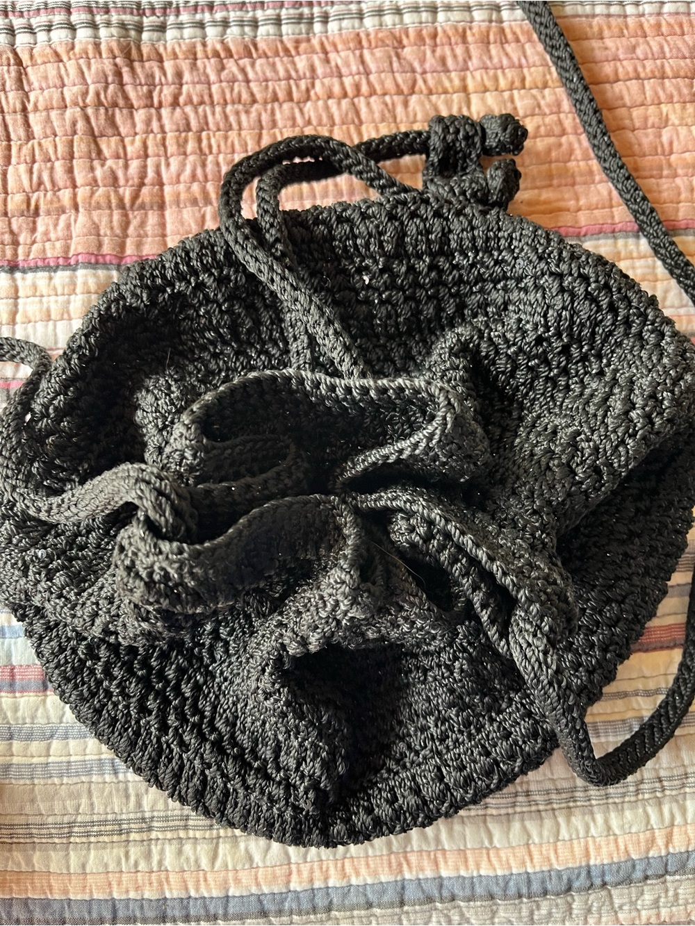 The Sak Black Crochet Drawstring Crossbody Bucket Bag Fully Lined